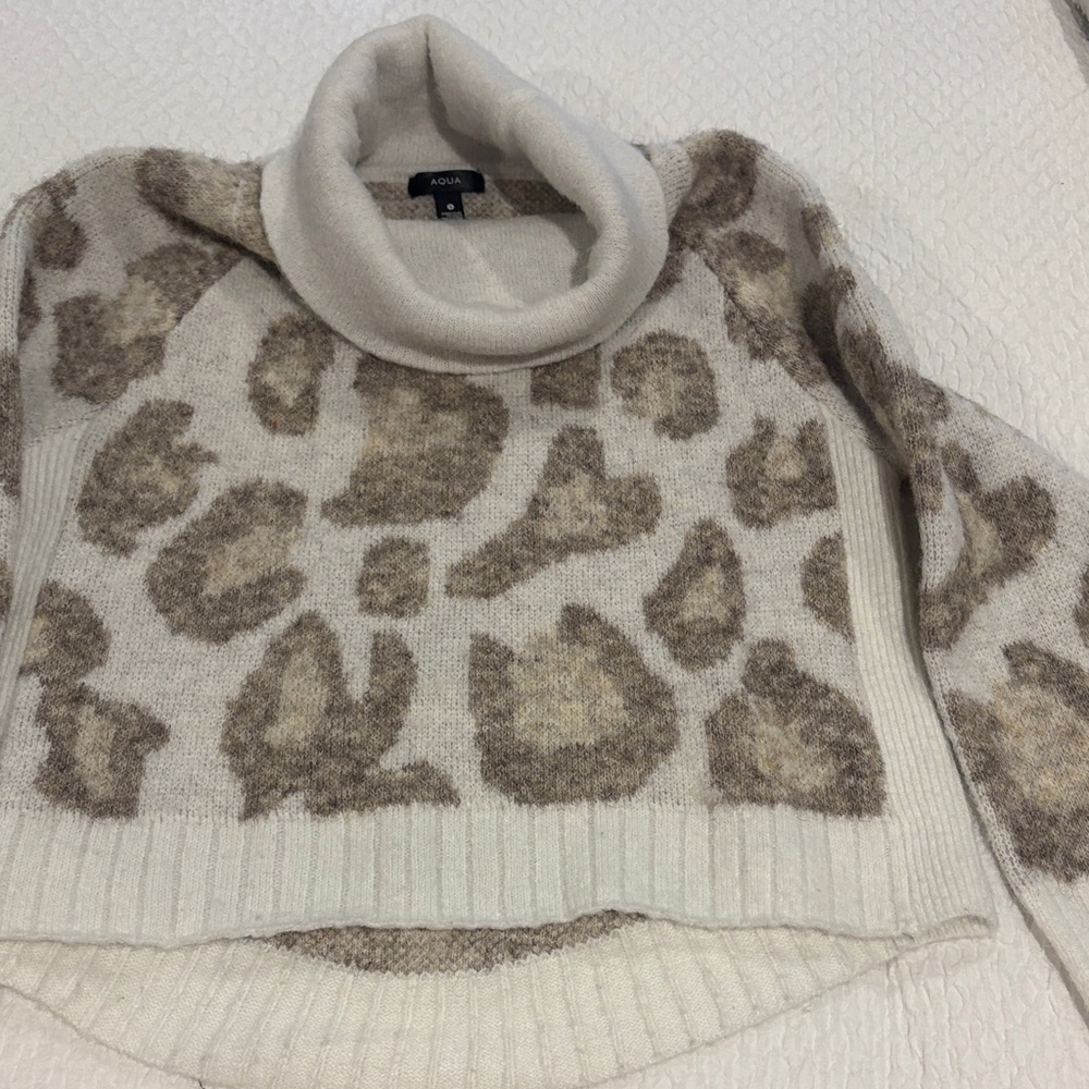 Aqua Cream and Brown Cowl Neck Sweater